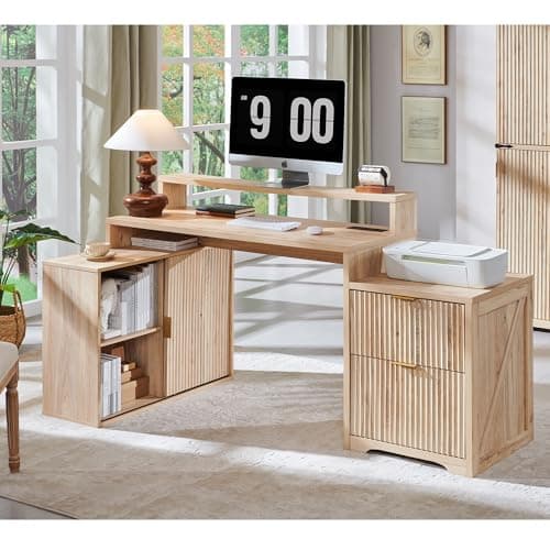 JXQTLINGMU 67" Modern L Shaped Desk with Storage Cabinet & Drawers, Wood Home Office Desk with Power Outlets, Fluted Computer Writing Desk, Natural Oak