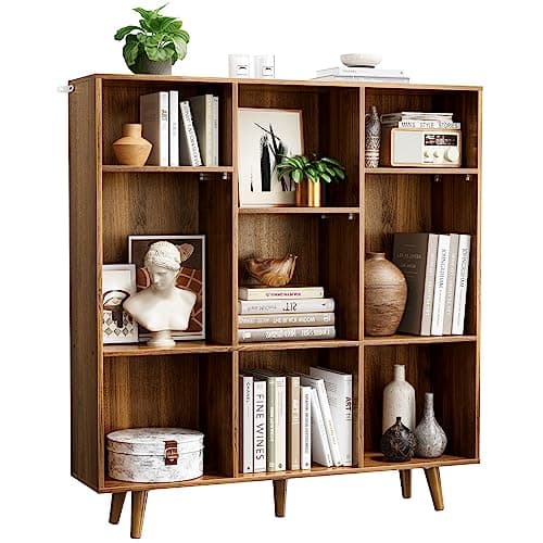 Pipishell 9-Cube Bookshelf, Bookcase with 3 Height-Adjustable Shelves and Solid Legs, Cube Storage Shelf, Modern Freestanding Open Bookshelf for Living Room, Bedroom (Walnut)