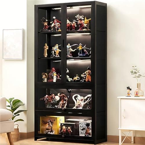 SNVHA-66 Display Cabinet, Curio Display Cabinet with Acrylic Glass Door, Bamboo Storage Cabinet Large Capacity Collectibles Toy Display Case for Living Room, Kitchen, Pantry, Grey