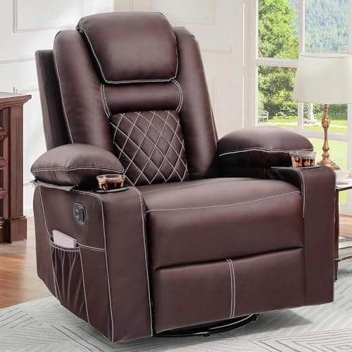 YITAHOME Recliner Chair,PU Rocking Chair for Adults,Swivel Recliner with Cup Holders,Heat and Massage,Single Sofa Seat with Side Pockets for Living Room/Bedroom,Brown