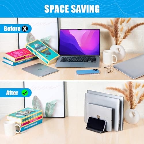 Ryvlan Vertical Laptop Stand, 3 Slot Adjustable Laptop Storage Rack and Desk Organizer, Silicone-Padded Holder for Multiple Devices Storage, Compatible Stand for Tablets and Devices up to 17 Inches 6