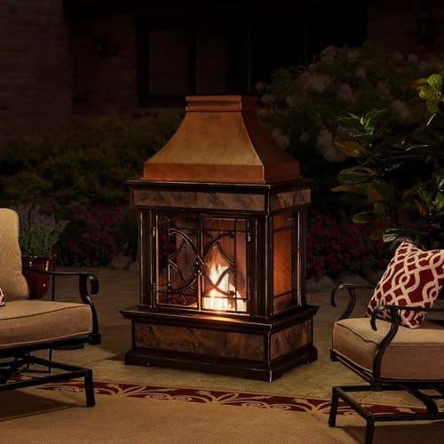 Sunjoy Outdoor Fireplace, Stone Look Tile Patio Wood Burning Steel Fireplace with Chimney, Spark Screen, Fire Poker, Rain Cover, and Removable Grate, Copper with Gray Tile 10