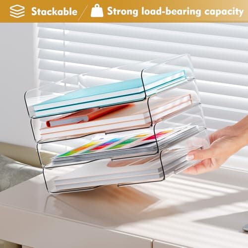 YKLSLH 4 Trays Paper Organizer Letter Tray - Acrylic Desk File Organizer, Stackable Clear Paper Holder Sorter Office Organizer for Letter/A4, Office File Ipad Books Notes Etc 6