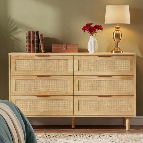 FUQARHY 6 Drawer Dresser Rattan Dresser Modern Chest with Drawers,Wood Storage Closet Dressers Chest of Drawers for Bedroom,Living Room,Hallway (Natural)