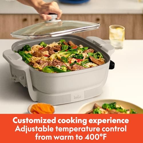 bella Make & Take Electric Skillet, Fits-anywhere™ kitchenware, EverGood™ Ceramic Coating, Adjustable Temperature & Dishwasher-Safe Tempered Glass Lid, Cast Aluminum Base, 1200 Watt, Oatmilk 5