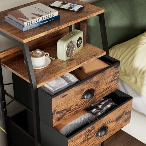 Furnulem Nightstand with 3 Drawers and 2-Tier Shelf, Fabric Small Dresser Organizer Vertical Storage Tower for Bedroom, Closet, Hallway, Nursery, End Table Side Furniture, Sturdy Steel Frame, Wood Top 6