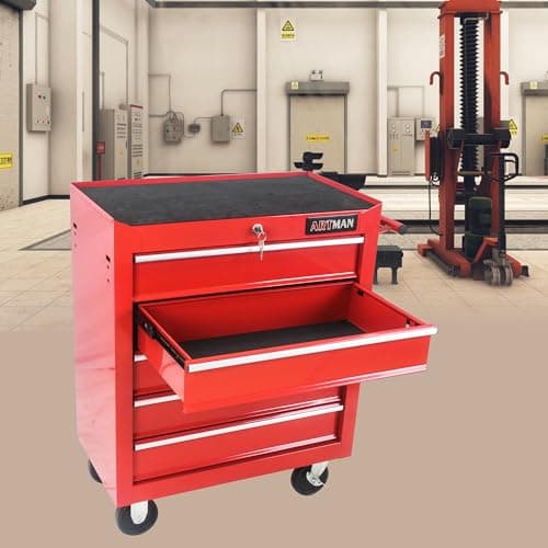 RYH 4/5/6/7 Drawers Rolling Tool Chest -Heavy Duty Mobile Metal Tool Box with Locking Wheels, with Stainless Steel Worktop, Garage Tool Storage Cabinet (Red, 5-Drawers 29.9" H×24.2" W) 9