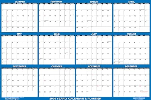 24" x 36" SwiftGlimpse 2026 Wall Calendar Erasable Large Wet & Dry Erase Laminated 12 Month Annual Yearly Wall Planner, Reversible, Horizontal/Vertical, Navy 2