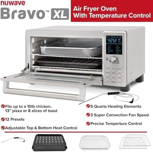 Nuwave Bravo Air Fryer Toaster Smart Oven, 12-in-1 Countertop Convection, 30-QT XL Capacity, 50°-500°F Temperature Controls, Top and Bottom Heater Adjustments 0%-100%, Brushed Stainless Steel Look 5