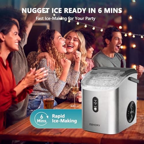 EUHOMY Nugget Ice Maker Countertop with Handle, Ready in 6 Mins, 34lbs Per Day, Removable Top Cover, Auto-Cleaning, Portable Sonic Ice Maker with Basket and Scoop, for Home/Party/RV/Camping (Silver) 5