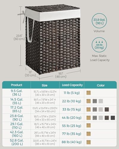 SONGMICS Laundry Hamper with Lid, 23.8 Gallon (90 L) Synthetic Rattan Clothes Laundry Basket with Lid and Handles, Foldable, Removable Liner, Chestnut Brown ULCB051K02 7