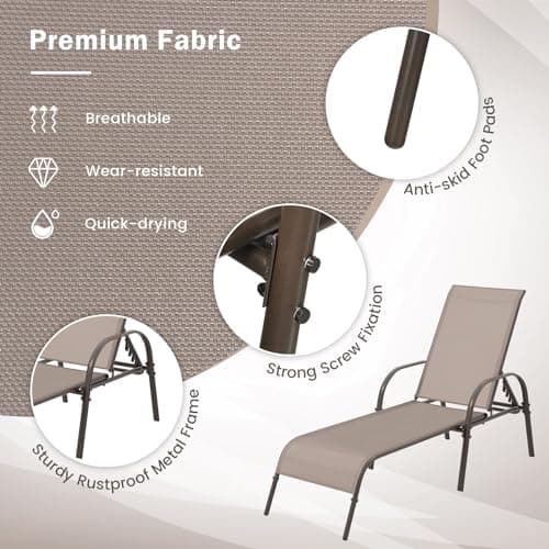 Giantex 2 Pack Patio Lounge Chair, Outdoor Chaise Lounge with 5 Adjustable Backrest, Sturdy Steel Frame, Sunbathing Recliner, Beach Chair, Tanning Chair for Outside, Yard, Balcony, Pool Chairs, Brown 5
