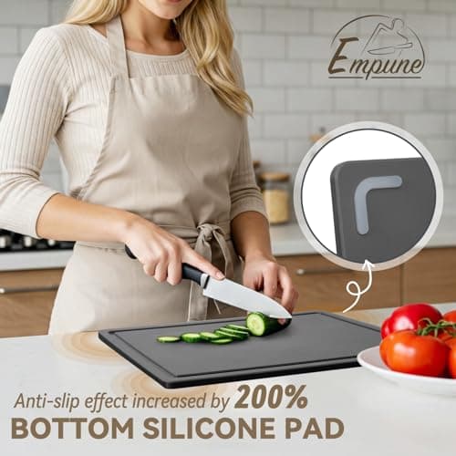 Empune Plastic Cutting Board Set, Recycled Plastic Cutting Boards for Kitchen (Set of 3), Dishwasher Safe Large Chopping Board with Holder, Non-slip Feet and Juice Grooves, Nonporous, Grey 5