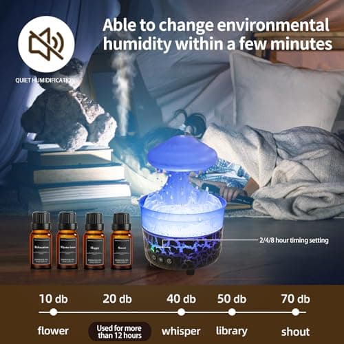 BOHOFAM Aroma Essential Oil Diffuser,Rain Cloud humidifier Simultaneously Water Drip and Air Mist,Rain Diffuser with 4 Hotel Collection Essential Oils for Home,Bedroom,Colorful Light(Black) 7