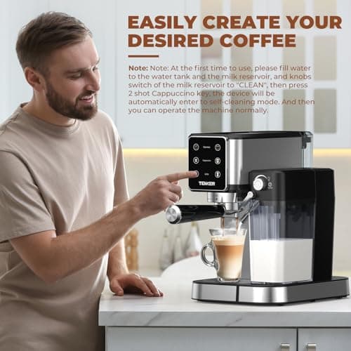 TENKER Espresso Machine 20 Bar, Cappuccino Machine with Automatic Milk Frother, Latte Machine in Stainless Steel Design, 1350W Touchscreen Coffee Maker for Home and Office (Silver) 8