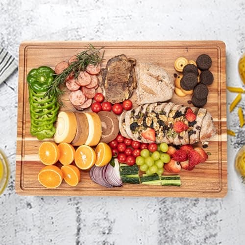 20 Inch Large Acacia Wood Cutting Board 1.5" Thick, Reversible Wooden Cutting Board for Kitchen, Charcuterie Board Cheese Board with Deep Groove, Chopping Board for Meat, Vegetables, Fruit 8