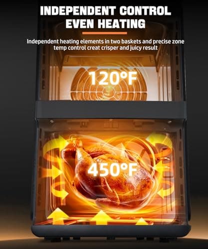 12QT Dual Layer Air Fryer Oven, 6QT×2 Capacity, Vertical 2-Basket Design, 7-in-1 Function with Broil, Roast, Bake, Reheat, Dehydrate, and Air Fry, Family Size, BPA-Free 6