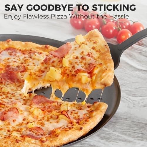 HONGBAKE 2 Pack Pizza Pan 14 Inch with Holes, Rust-Free Nonstick Pizza Pan for Oven, 0.8mm Carbon Steel Perforated Pizza Tray with Wider Handles, Round Baking Sheet for Frozen & Homemade Pizza, Grey 9