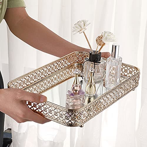 ELLDOO Perfume & Makeup Vanity Tray - Hollow-Carved Jewelry Storage, Glass & Metal Trinket Organizer for Dresser & Bathroom Countertop, Gold, Medium Size 7