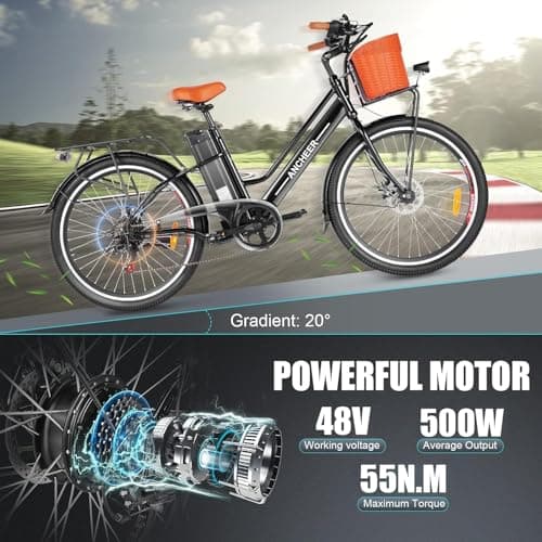 ANCHEER 26'' Electric Bike for Adults, Peak 750W Low Frame Electric City Bike with 48V/374Wh Battery, Up to 50Miles Step Through Commuter Ebike/Electric Bicycle with Basket, LCD Display 5