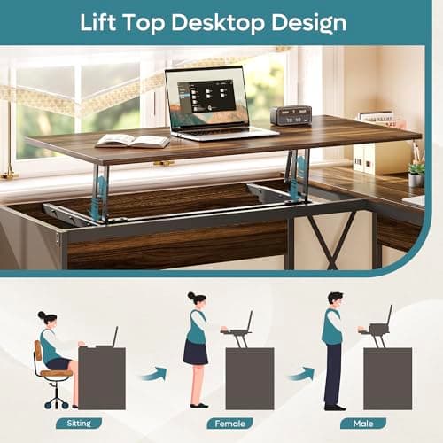 Bestier L Shaped Standing Desk with Lift Top, 55" x 55" Standing Corner Desk for Home Office, Computer Desk with Reversible File Drawer and Monitor Stand, Walnut 9