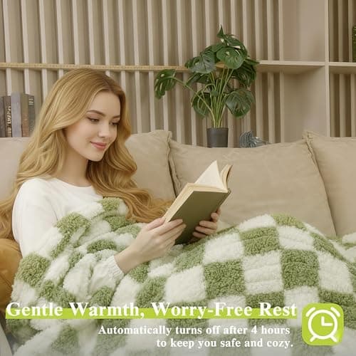 Silver Island Snuggle Heated Blanket Throw with Foot Pockets for Cold Feet, Electric Lap Blanket with 4 Heating Levels, Auto Shut-Off, Machine Washable, ETL & FCC Certified, for Women(Green White) 6