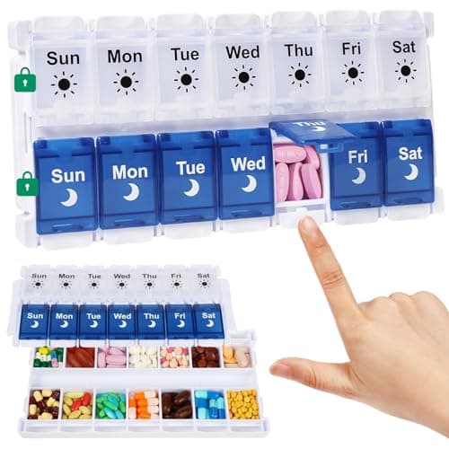 Shintop Weekly Pill Organizer 2 Times a Day, Easy Fill Am Pm Pill Box 7 Day Push Button Medicine Holder Daily for Vitamins Supplements(Blue & White)