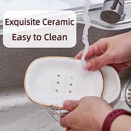 Self Draining Soap Dish, Double-Layer Bar Soap Tray, White Ceramic Soap Dish with Elegant Patterns (Style B) 5