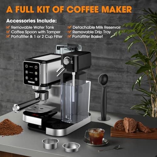 TENKER Espresso Machine, 20 Bar Cappuccino Machine with Automatic Milk Frother, 3-in-1 Coffee Machine, 1350W Dual Boiler Latte Maker, Touchscreen Espresso Coffee Maker, Stainless Steel 8