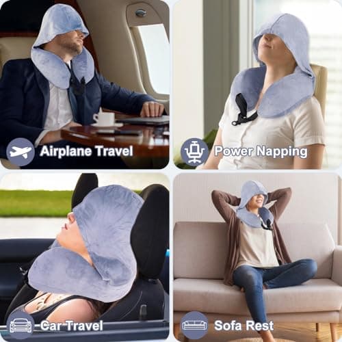 Flywish Travel Neck Pillow with Hood - Adult Travel Must Haves Airplane Hoodie Pillow, Premium Quality Memory Foam, Fit for Office, Car Ride, Sleeping. Kit with Earplugs, Luxury Bag(Mist, L) 6
