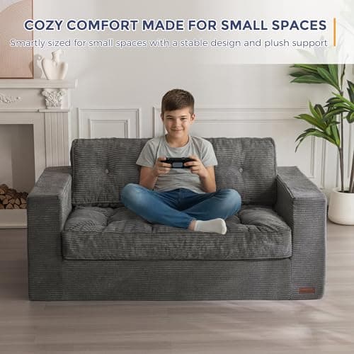 MAXYOYO Bean Bag Chair for Adults, Upholstered Floor Sofa with Armrests, Loveseat Boneless Couch with Tufted Cushion & Backrest, Sofa in A Box, Large Bean Bag Couch for Bedroom Living Room, Dark Grey 5
