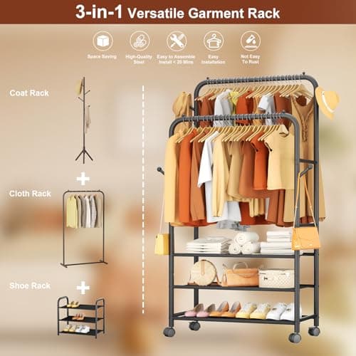 Furologee Clothes Racks for Hanging Clothes, Portable Rolling Garment Rack, Sturdy Metal Freestanding Cloths Racks with Wheels, Double Rods Wardrobe Rack for Bedroom Laundry Living Room 4