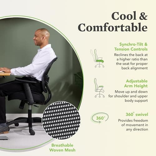 HON Wave Mid-Back Office Desk Chair, Ergonomic Breathable Mesh, Adjustable Arms, Lumbar Support, Synchro-Tilt, Cushion, 360 Swivel Wheels 5