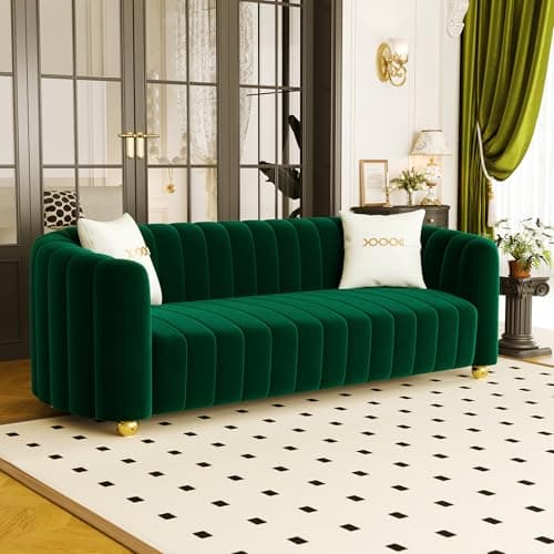 QuZhouYa 83" Green Velvet Couch Luxry Modern Sofas for Living Room Velvet Sofa 3-Seater Solid Wood Frame with Gold Metal Legs and Two Pillows Emerald Green Couch