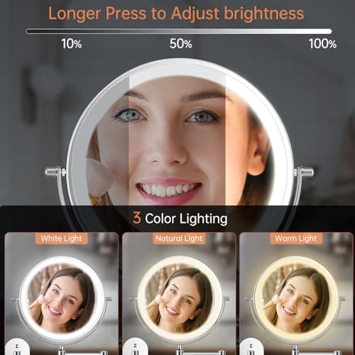 FUNTOUCH 5000mAh Rechargeable Wall Mounted Lighted Makeup Vanity Mirrors, Double Sided 1X 30X Magnifying, 3 Color Lighting, Touch Screen Dimming, Extended Arm 360 Rotation Shaving Bathroom Mirror 3