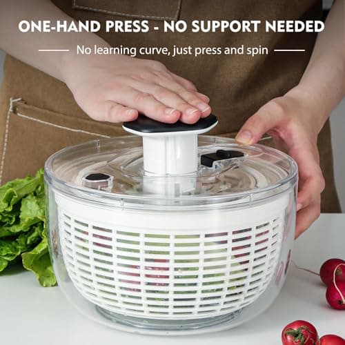 Ourokhome Salad Spinner Lettuce Dryer, One-handed Easy Press Large Vegetable Dryer Salad Mixer with Comfortable and Retractable Pusher and Brake Button for Greens, Herb, Berry, Fruits, 3.8 QT, Black 6