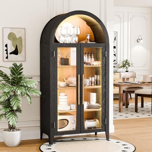 Topcomfy 71”H Arched Storage Cabinet with Glass Doors, Modern Display Cabinet with 3 Color Light, Glass Display Case with Human Body Sensor, 5 Tier Kitchen Pantry Cupboard for Living Room, Black&Oak 7
