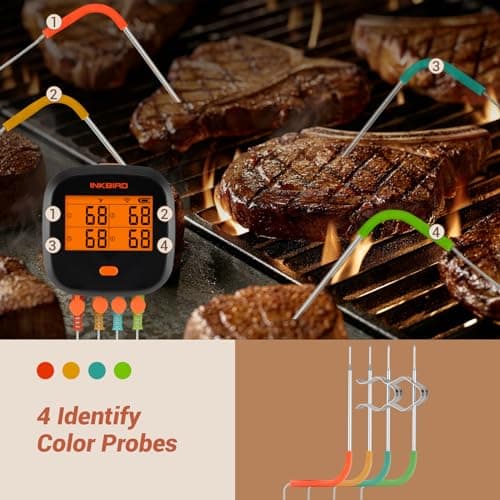 INKBIRD WiFi Meat Thermometer IBBQ-4T, Wireless WiFi BBQ Thermometer for Smoker, Oven | APP Calibration Temp Graph | Mobile Notification Timer Alarm | Rechargeable Digital Grill Thermometer, 4 Probes 8