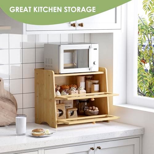 JANSNIMEN Double Layer Bread Box for Kitchen Countertop, Large Breadbox Bread Container Storage with Acrylic Door, Wooden Farmhouse Bread Holder (Bamboo, Medim-15.7" L x 9.5" W x 13" H) 5