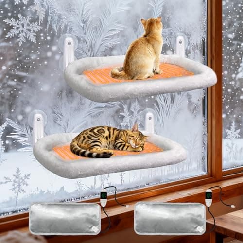 L&W BROS. 2PC Cat Heated Window Perches with Adjustable Thermostat & Timer – Dual Hammocks with Strong Suction Cups, Easy-to-Clean Warm Beds for Multi-Cat Homes, Holds Up to 50lbs Each (M 2PC)