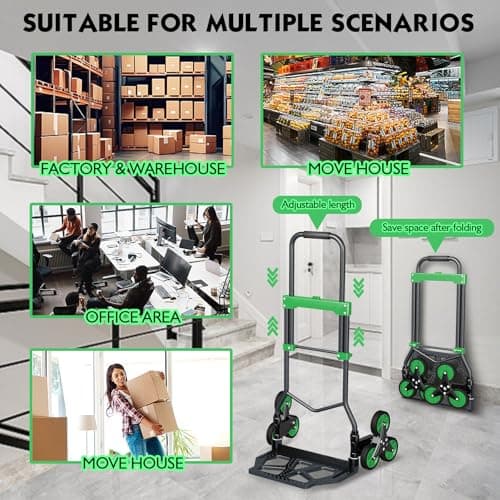 Heavy-Duty 330LB Capacity Hand Truck with Stair-Climbing Wheels & One-Touch Retractable Handle - Q235 Steel Collapsible Dolly Cart, 4.2-Inch Triple Wheels, Elastic Strap & Sponge Grip (Green) 7