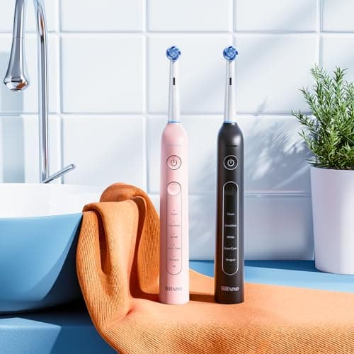 Bitvae Rotating Electric Toothbrush 2 Packs for Adults with Pressure Sensor, Gifts for Men/Women, 5 Modes Rechargeable Power Toothbrush with 8 Brush Heads, Black & Pink, R2 4