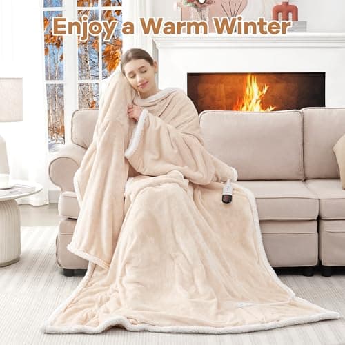 Wearable Electric Blanket with Foot Pocket and Sleeves, Heating Throw Blanket, 6 Heating Levels & Auto Shut Off, Machine Washable (Long, Beige) 5