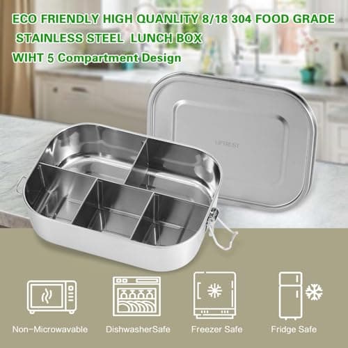 UPTRUST Stainless Steel Bento Lunch Food Box Container, 5-Compartment Large 1400ML Metal Bento Lunch Box Container for Kids or Adults with Lockable Clips to Leak Proof 5