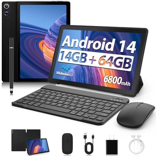 Tablet, 11 Inch Android 14 Tablets, 14GB RAM+64GB ROM (TF 1TB) with Octa-Core, 6800mAh, Widevine L1, WiFi 6, 8 in 1 Tablet with Keyboard, Mouse, Protective Case, Stylus, Headset, Charger- Black