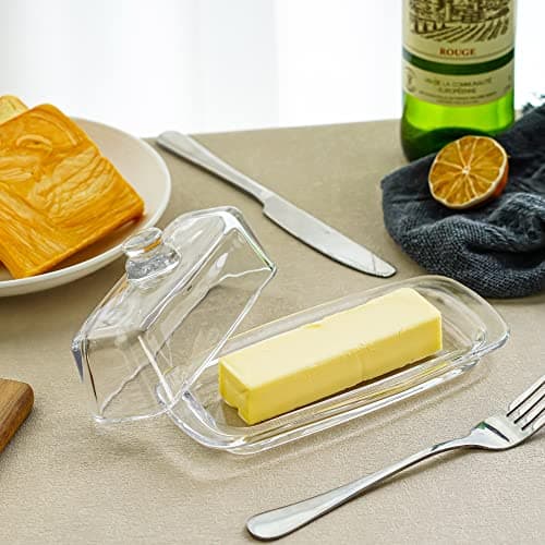 8'' Art Glass Butter Dish with Lid,Classic Covered 2-Piece Butter Container For Countertop,Multi-Purpose Preserving Serving Dessert Tray Bowl,Dishwasher Safe 5