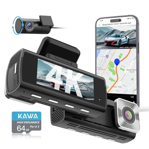 KAWA 4K Dash Cam Front Rear, AI-ISP Night Vision, Free 64GB Card, 4K+1080P Dual WiFi Dash Camera for Cars with Sony STARVIS, GPS and Speed Dashcam, 3.16” IPS Screen, G-Sensor, AI 24H Motion Detection