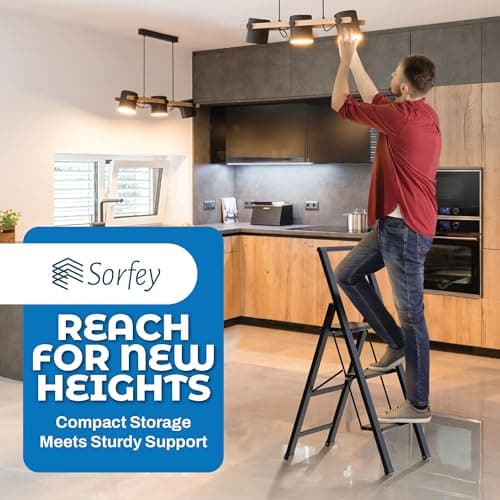 Step Ladder 3 Step Folding, Decorative - Beautiful Bamboo & Black Aluminum, Ultra Slim Profile, Anti Slip Steps, Sturdy-Portable for Home, Office, Kitchen, Photography Use,by SORFEY 6