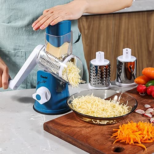 Geedel Rotary Cheese Grater, Kitchen Mandoline Vegetable Slicer with 3 Interchangeable Blades, Easy to Clean Rotary Grater Slicer for Fruit, Vegetables, Nuts 8