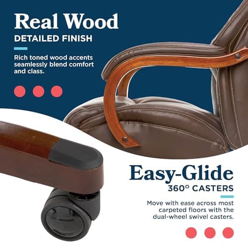 La-Z-Boy Delano Big and Tall Executive Office Chair - Ergonomic Lumbar Support Memory Foam - Bonded Leather Desk Chair for Home Office - Mahogany Wood Arms - Chestnut Brown 12